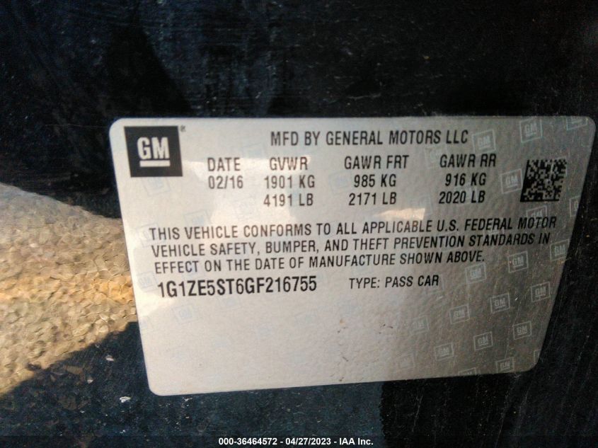 2016 CHEVROLET MALIBU LT - 1G1ZE5ST6GF216755