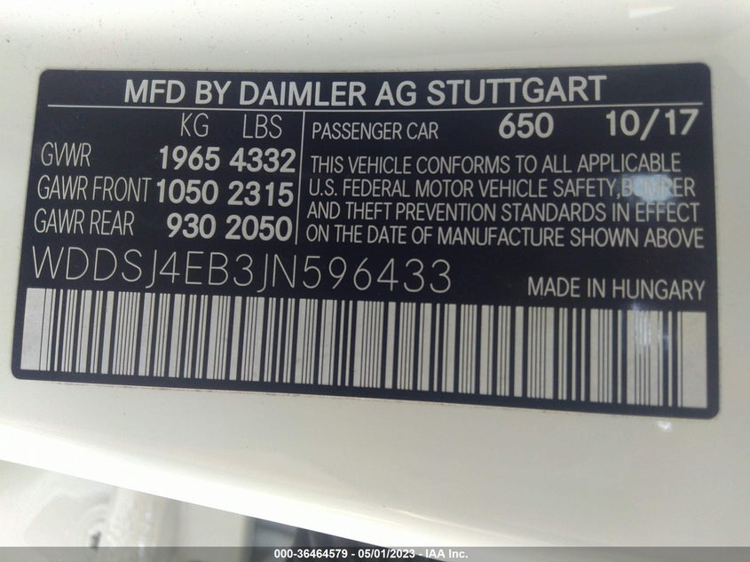 VIN WDDSJ4EB3JN596433 2018 MERCEDES-BENZ CLA CLA 250