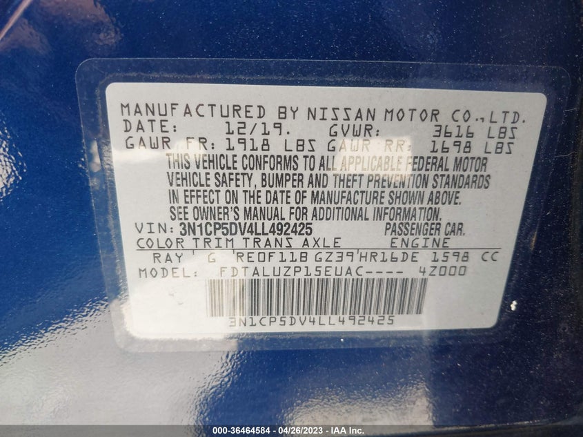 VIN 3N1CP5DV4LL492425 2020 NISSAN KICKS SR