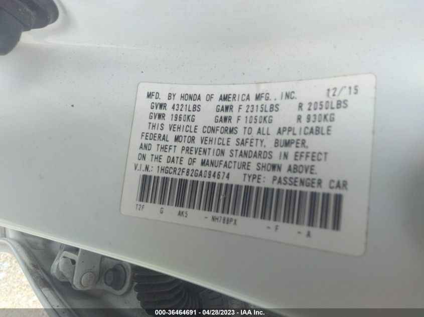 2016 HONDA ACCORD SEDAN EX-L - 1HGCR2F82GA094674