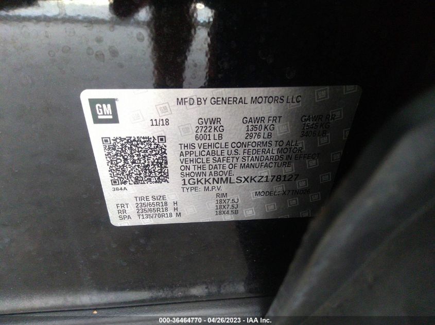 2019 GMC ACADIA SLT - 1GKKNMLSXKZ178127