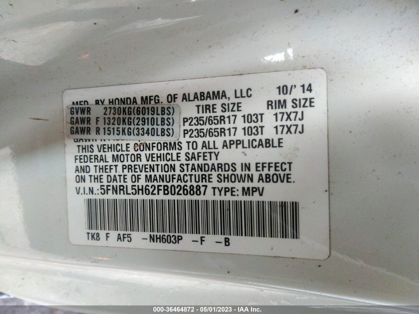 2015 HONDA ODYSSEY EX-L - 5FNRL5H62FB026887