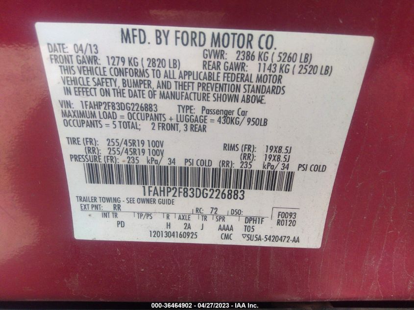 2013 FORD TAURUS LIMITED - 1FAHP2F83DG226883