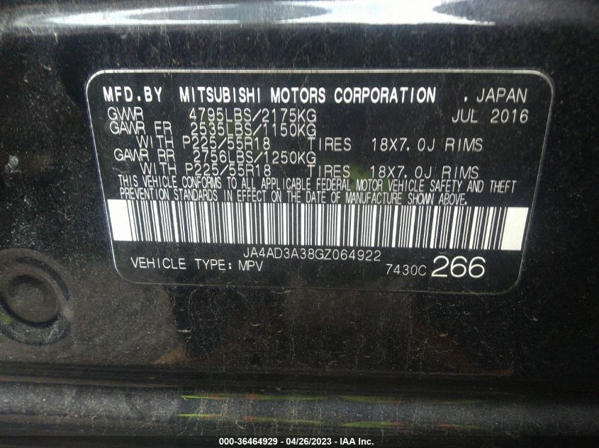 2016 MITSUBISHI OUTLANDER SE - JA4AD3A38GZ064922