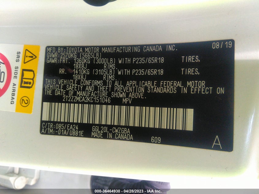 VIN 2T2ZZMCA2KC151046 2019 LEXUS RX RX 350