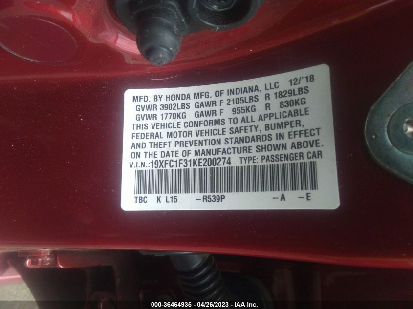 2019 HONDA CIVIC SEDAN EX - 19XFC1F31KE200274