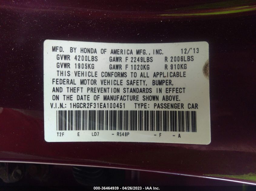 2014 HONDA ACCORD SEDAN LX - 1HGCR2F31EA100451
