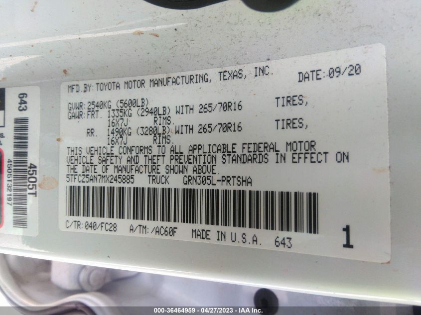 2021 TOYOTA TACOMA 4WD SR/SR5/TRD SPORT - 5TFCZ5AN7MX245885