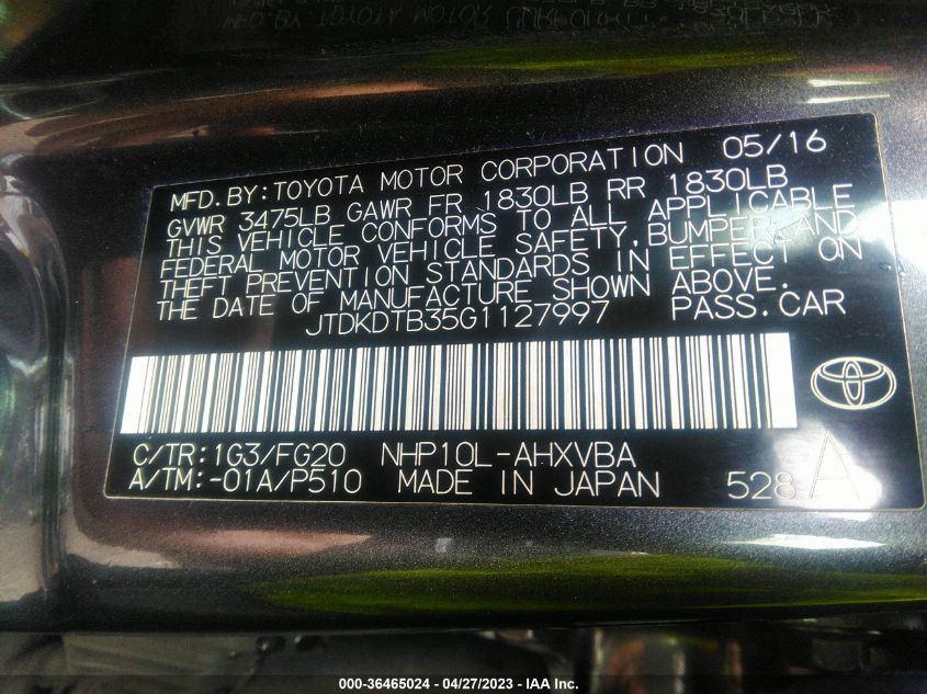 2016 TOYOTA PRIUS C ONE/TWO/THREE/FOUR - JTDKDTB35G1127997