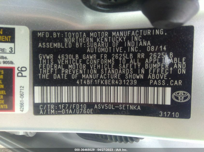 2014 TOYOTA CAMRY L/LE/XLE/SE/SE SPORT - 4T4BF1FK8ER431239