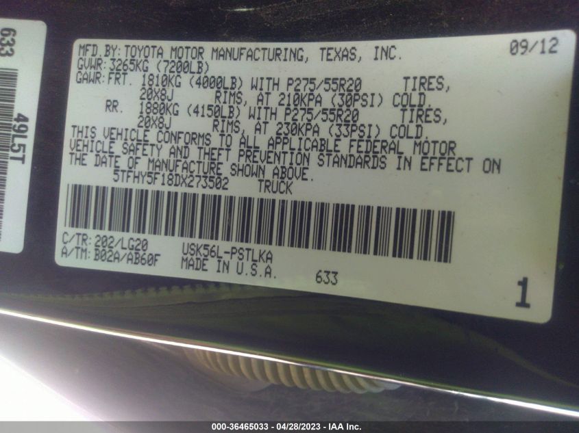 2013 TOYOTA TUNDRA 4WD TRUCK LTD/PLATINUM - 5TFHY5F18DX273502