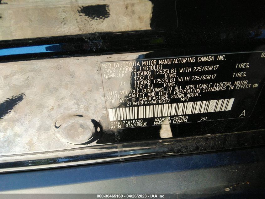 2019 TOYOTA RAV4 XLE - 2T3W1RFV7KW018377