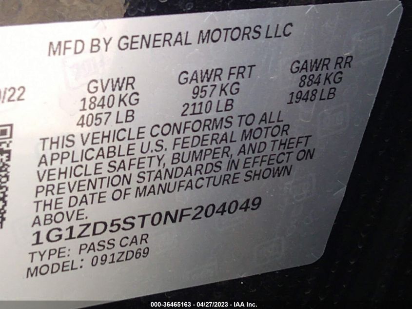 2022 CHEVROLET MALIBU LT - 1G1ZD5ST0NF204049