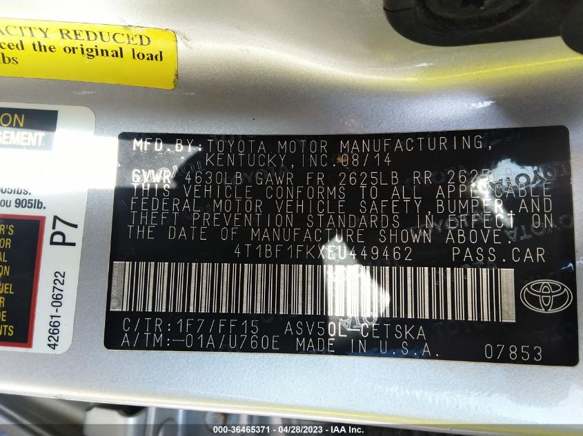 2014 TOYOTA CAMRY L/LE/XLE/SE/SE SPORT - 4T1BF1FKXEU449462