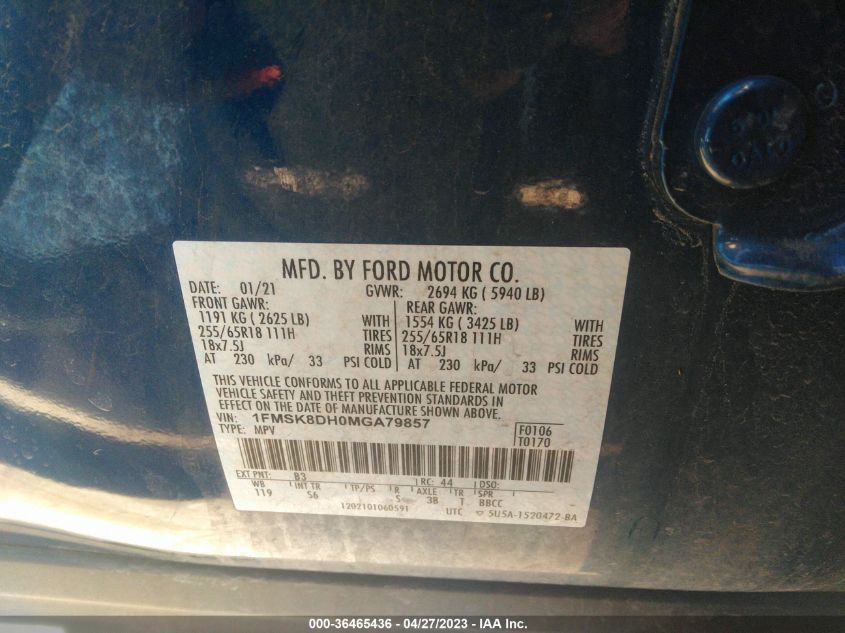 2021 FORD EXPLORER XLT - 1FMSK8DH0MGA79857