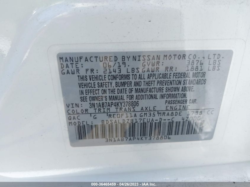 2019 NISSAN SENTRA SV - 3N1AB7AP4KY378806