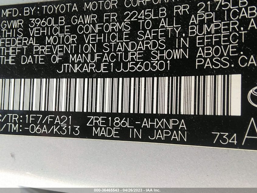 2018 TOYOTA COROLLA IM - JTNKARJE1JJ560301