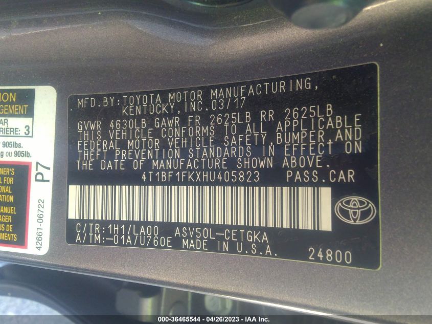2017 TOYOTA CAMRY XLE/SE/LE/XSE - 4T1BF1FKXHU405823