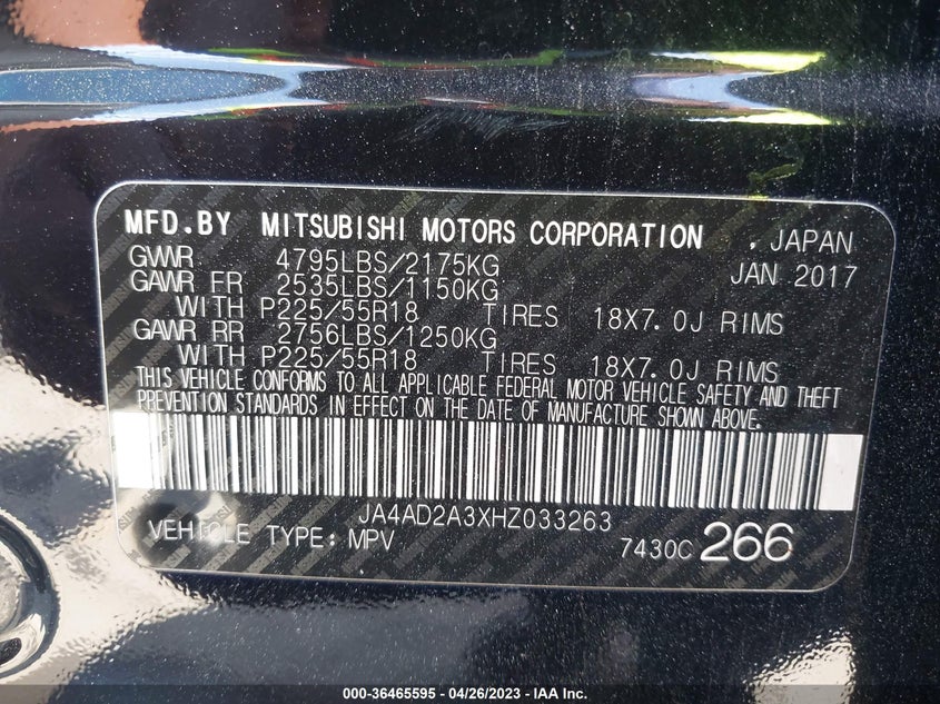 VIN JA4AD2A3XHZ033263 2017 MITSUBISHI OUTLANDER ES