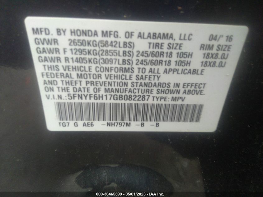 2016 HONDA PILOT LX - 5FNYF6H17GB082287