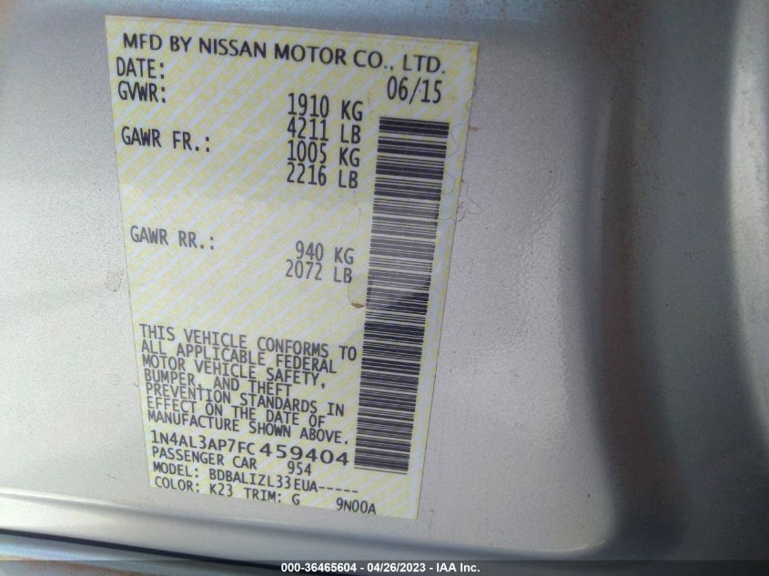 2015 NISSAN ALTIMA 2.5 - 1N4AL3AP7FC459404