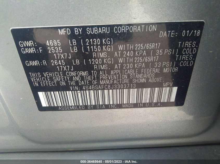 2018 SUBARU OUTBACK PREMIUM - 4S4BSAFC8J3303713