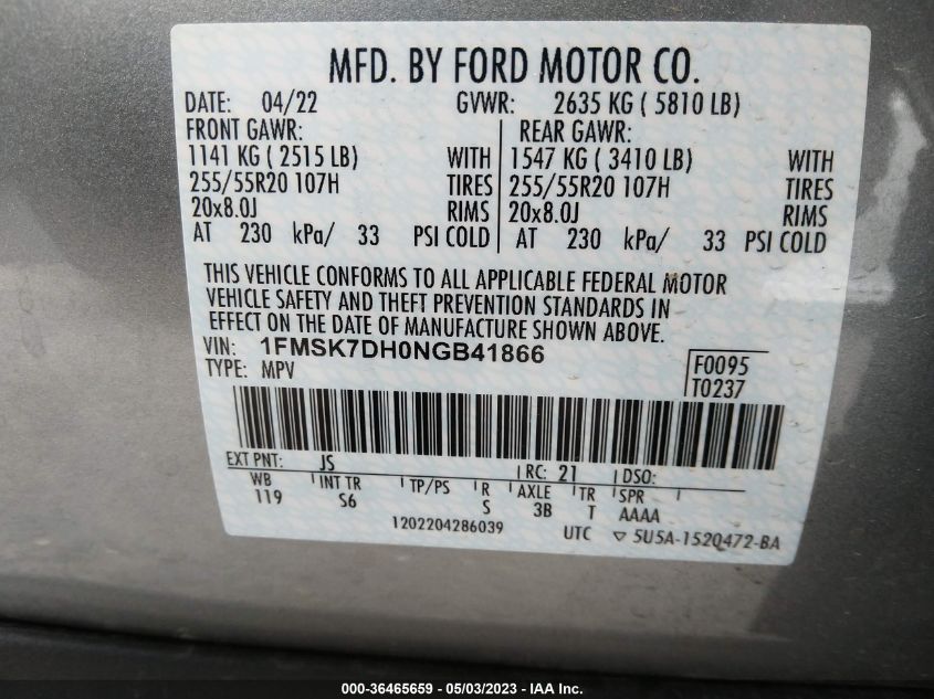 2022 FORD EXPLORER XLT - 1FMSK7DH0NGB41866