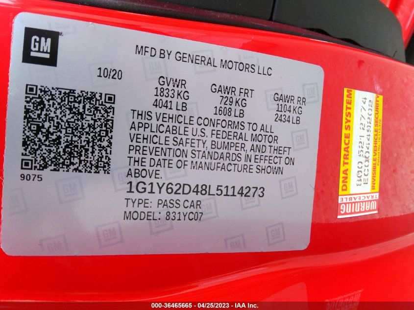 2020 CHEVROLET CORVETTE 1LT - 1G1Y62D48L5114273