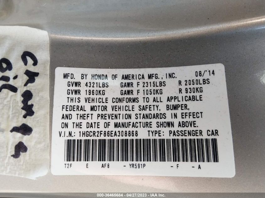 2014 HONDA ACCORD SEDAN EX-L - 1HGCR2F86EA308868