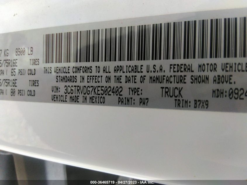 2019 RAM PROMASTER CARGO VAN - 3C6TRVDG7KE502402