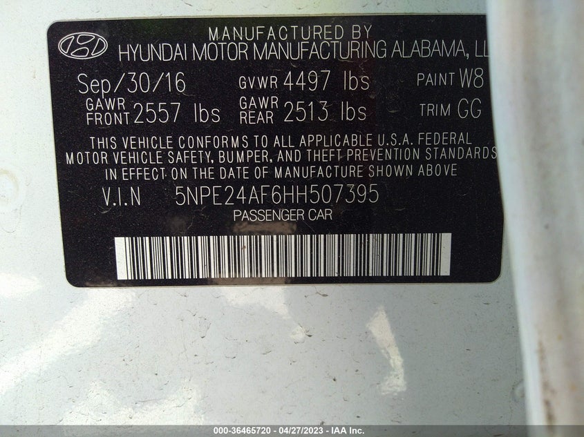 VIN 5NPE24AF6HH507395 2017 HYUNDAI SONATA 2.4L