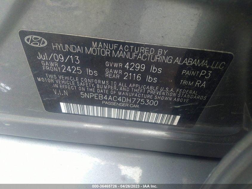 2013 HYUNDAI SONATA GLS PZEV - 5NPEB4AC4DH775300