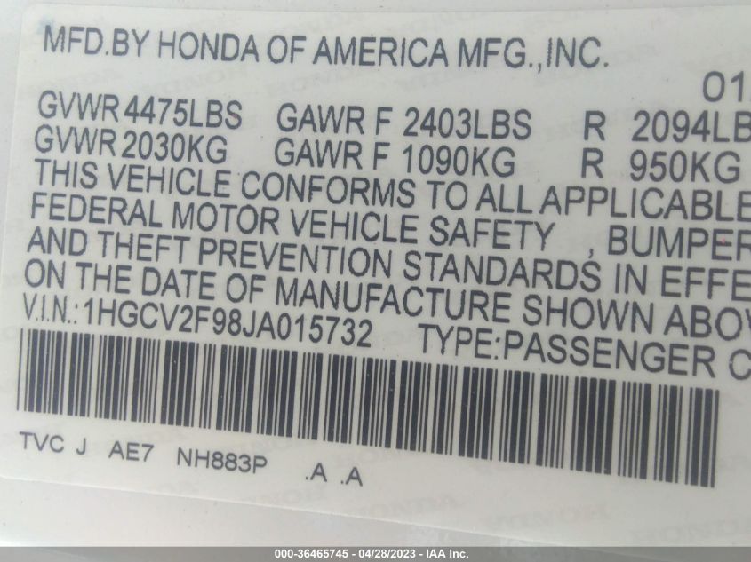 2018 HONDA ACCORD SEDAN TOURING 2.0T - 1HGCV2F98JA015732