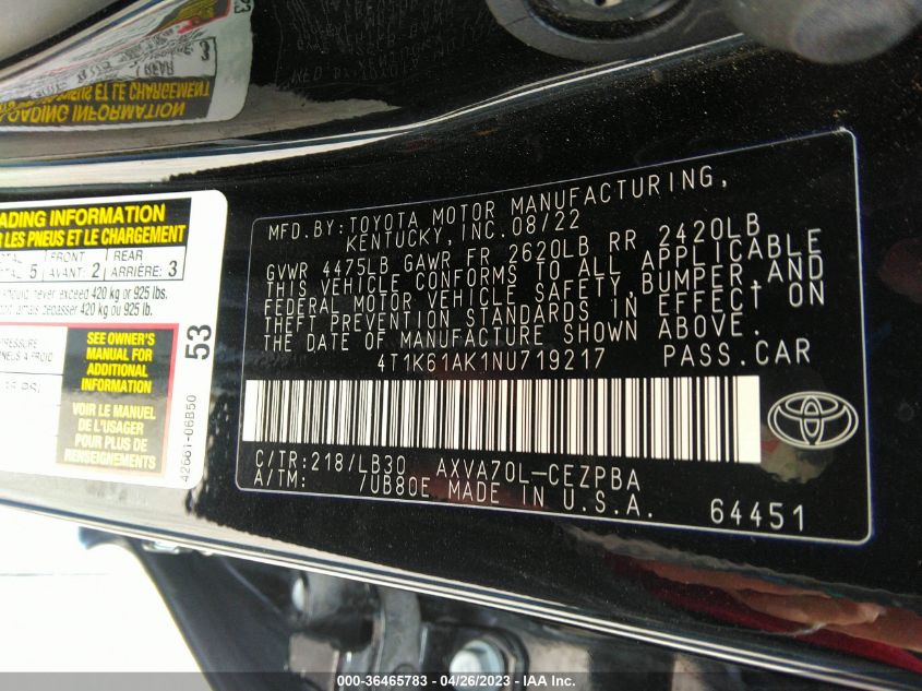 2022 TOYOTA CAMRY XSE - 4T1K61AK1NU719217