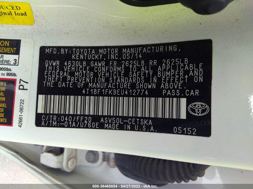 2014 TOYOTA CAMRY L/LE/XLE/SE/SE SPORT - 4T1BF1FK9EU412774