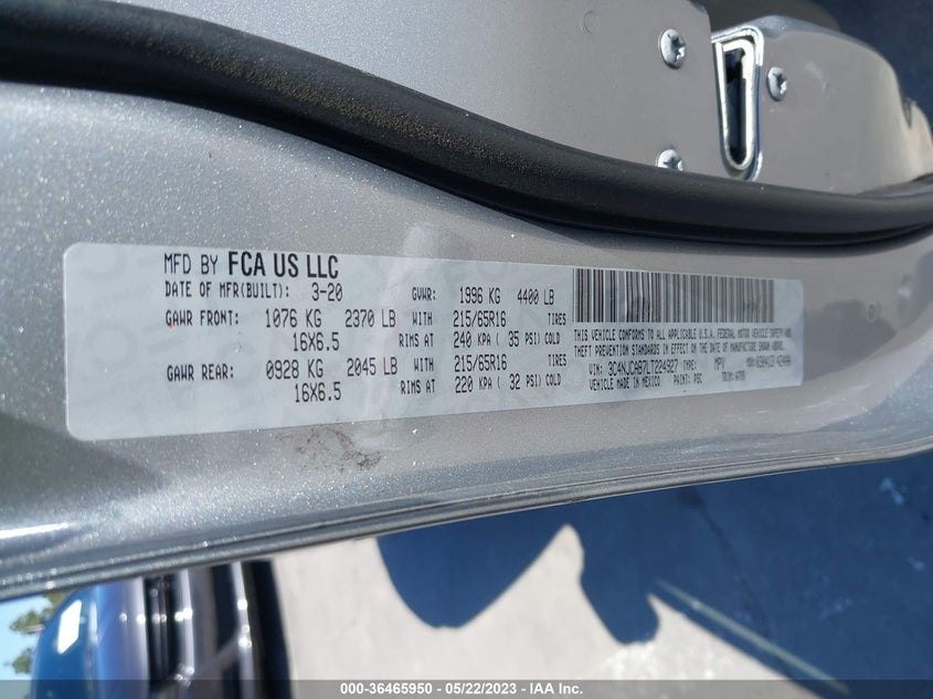 VIN 3C4NJCAB7LT224927 2020 JEEP COMPASS SPORT