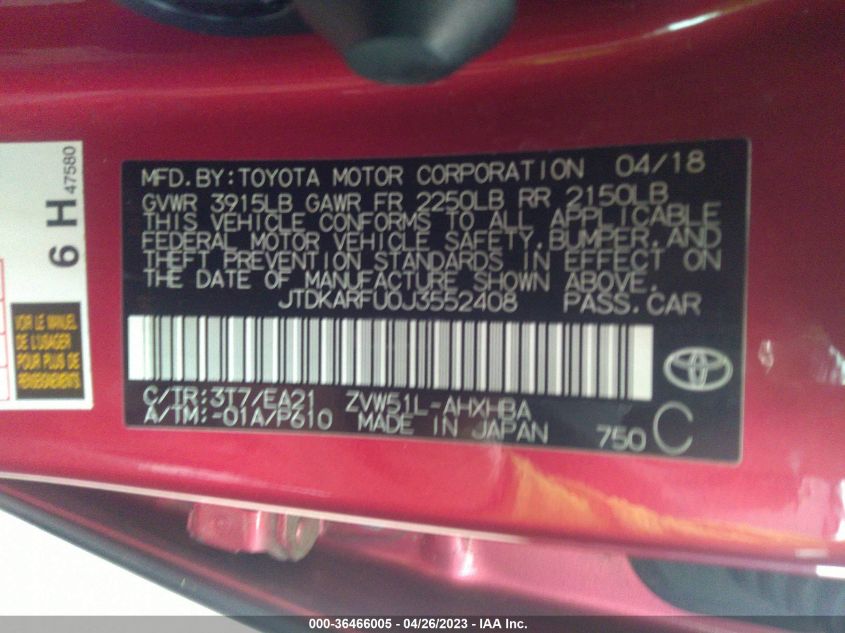 2018 TOYOTA PRIUS TWO/TWO ECO/THREE - JTDKARFU0J3552408