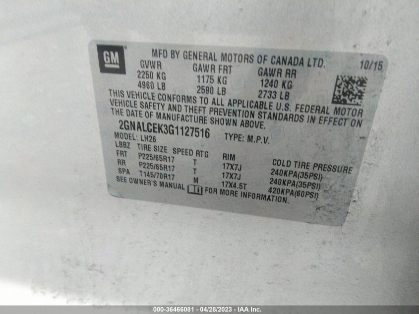 2016 CHEVROLET EQUINOX LT - 2GNALCEK3G1127516