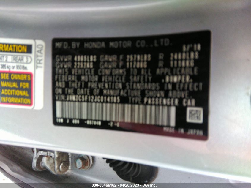 2018 HONDA CLARITY PLUG-IN HYBRID JHMZC5F12JC014105