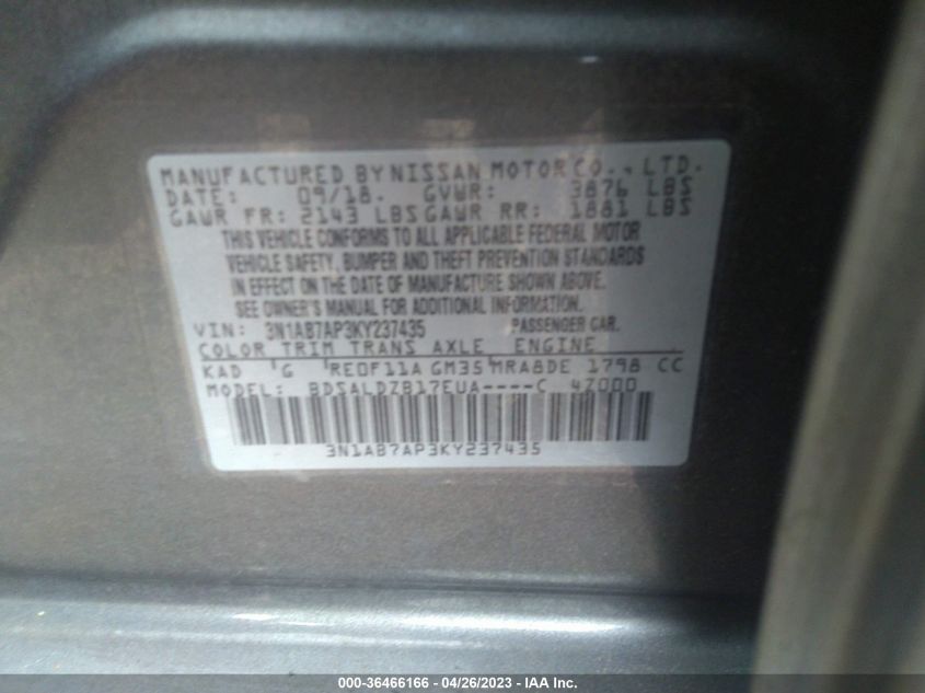 2019 NISSAN SENTRA SV - 3N1AB7AP3KY237435