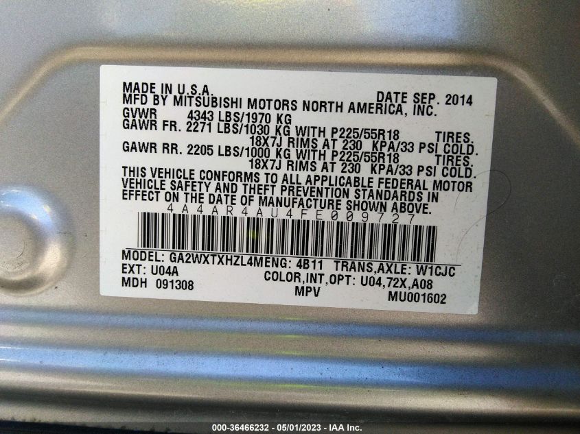 2015 MITSUBISHI OUTLANDER SPORT SE - 4A4AR4AU4FE009727