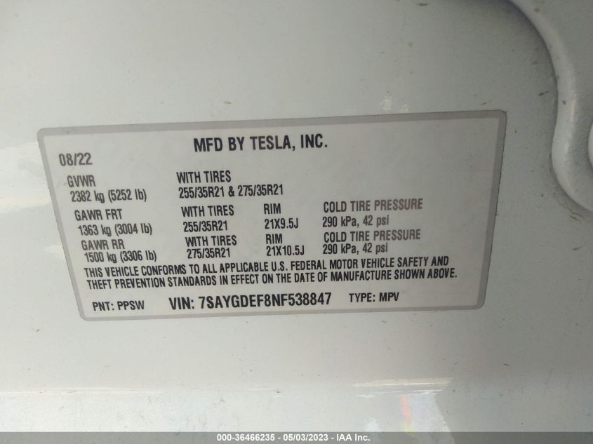 2022 TESLA MODEL Y PERFORMANCE - 7SAYGDEF8NF538847