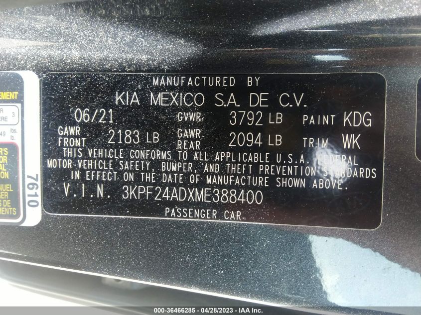 2021 KIA FORTE LXS - 3KPF24ADXME388400