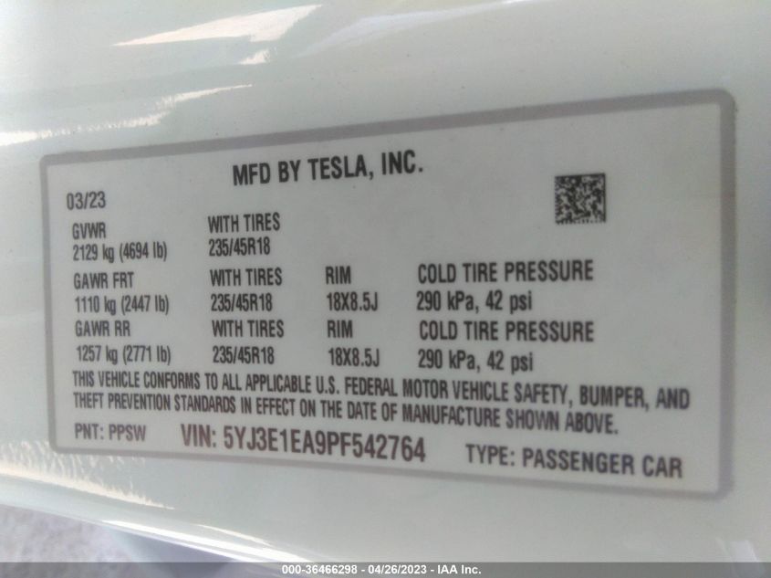 2023 TESLA MODEL 3 - 5YJ3E1EA9PF542764