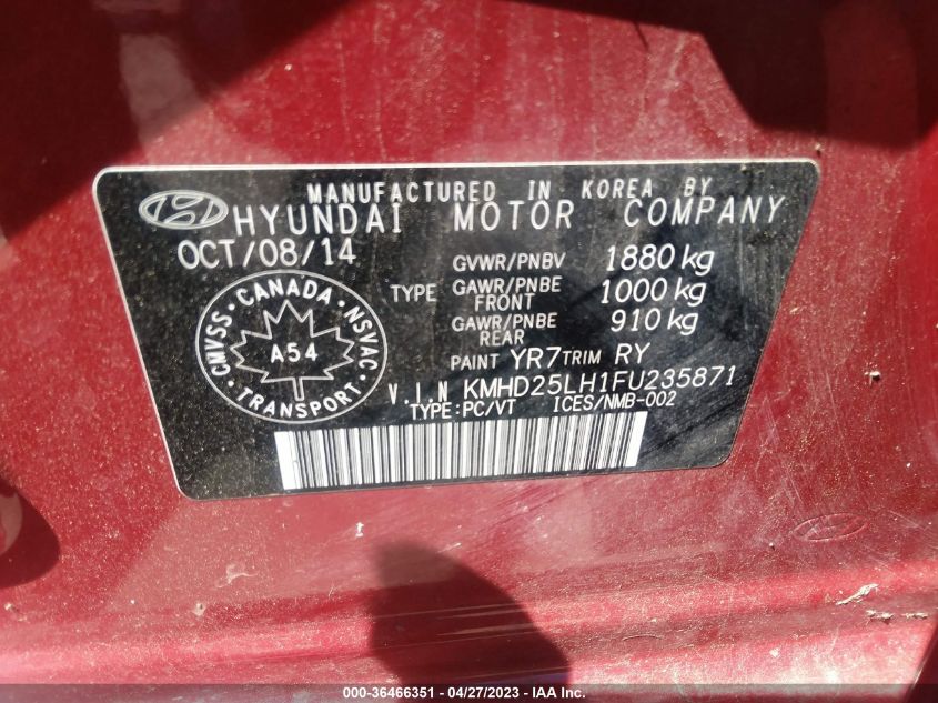 2015 HYUNDAI ELANTRA GT GL - KMHD25LH1FU235871