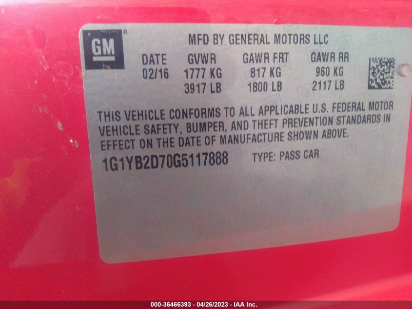 2016 CHEVROLET CORVETTE 1LT - 1G1YB2D70G5117888