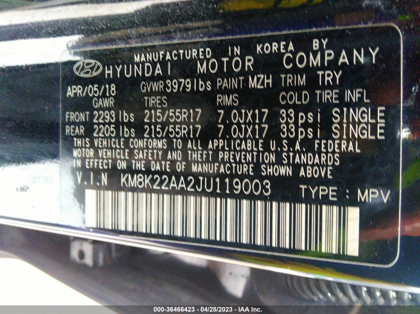 2018 HYUNDAI KONA SEL - KM8K22AA2JU119003