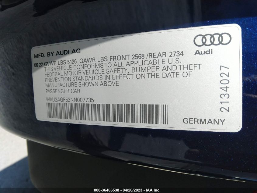 2022 AUDI A5 CABRIOLET PREMIUM - WAU2AGF52NN007735