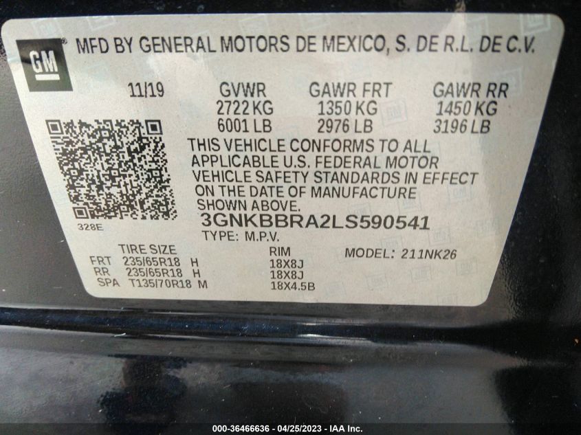 2020 CHEVROLET BLAZER LT 3GNKBBRA2LS590541