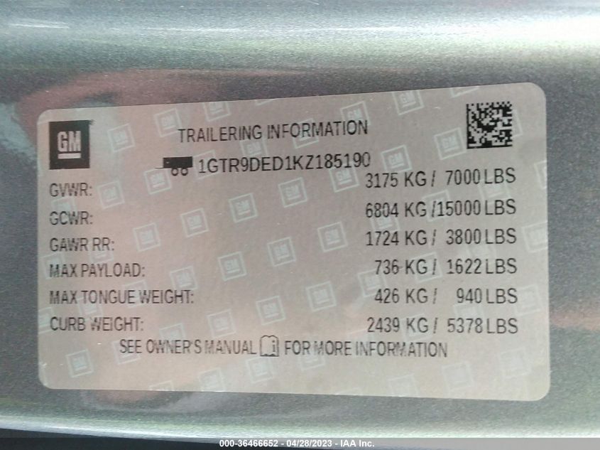 2019 GMC SIERRA 1500 SLT - 1GTR9DED1KZ185190